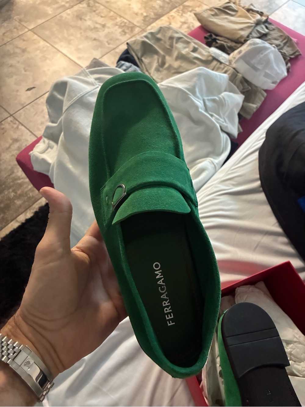 Salvatore Ferragamo Emerald Green Suede Penny Loafers - Picture 2 of 5